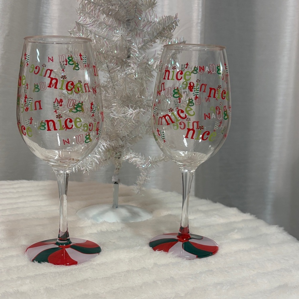 Lolita Set of 2 "Naughty & Nice" Christmas Hand Painted Wine Glasses w/Recipe